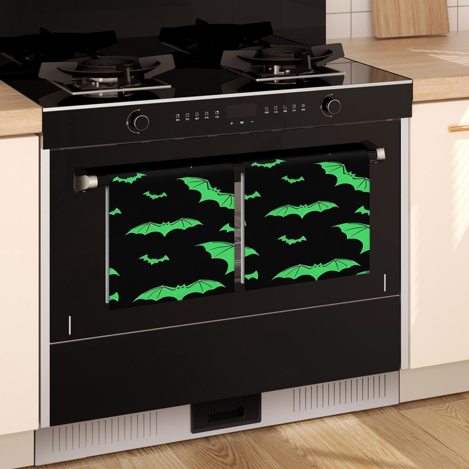 2 Pcs Funny Kitchen Towels,Black Halloween Bats with Green Microfiber Dish Towels,Kitchen Tea Towels,Kitchen Towel Set (18" X 26")