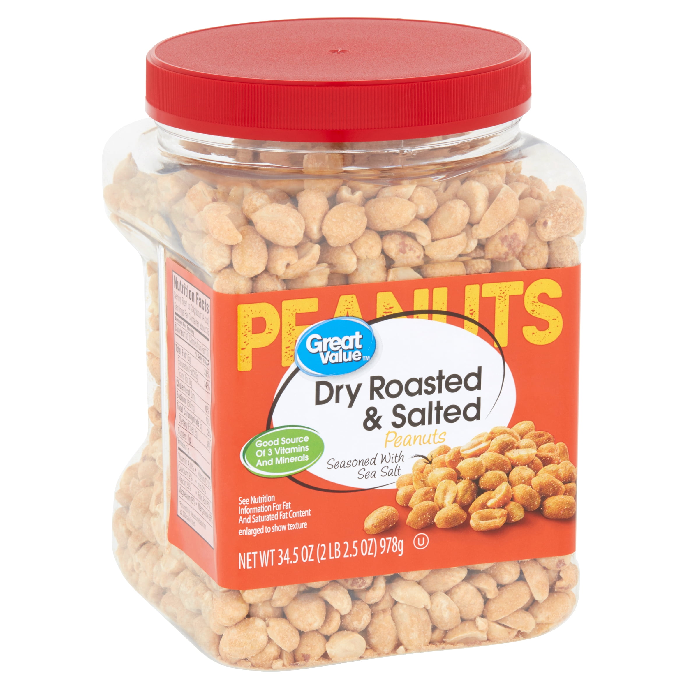Great Value Dry Roasted & Salted with Sea Salt Peanuts, 34.5 Oz
