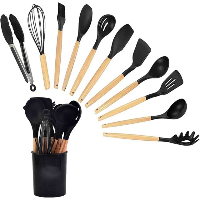 Utensilios de Cocina de Silicona, 12 Piezas Resistente al Calor con Mango de Madera, Juego de Utensilios de Cocina con Balde de Almacenamiento