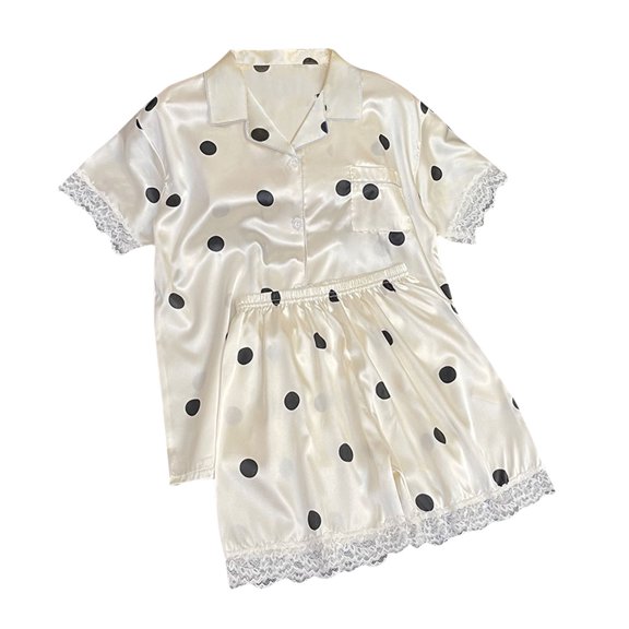 FAIWAD Women's Satin Pajamas Sets Lace Trim Loungewear Set Short Sleeve Button Down Shirt and Shorts