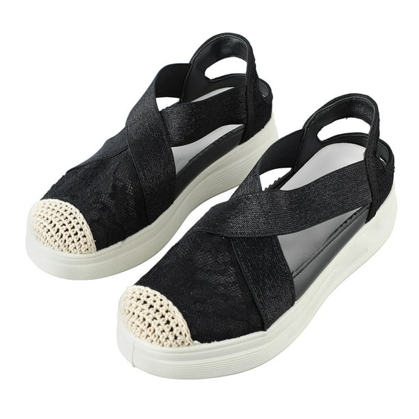 Sandalias de mujer con punta cerrada, plataforma plana, tacón de 5,5 cm, sandalias informales de verano, zapatos negros de 9,6 pulgadas