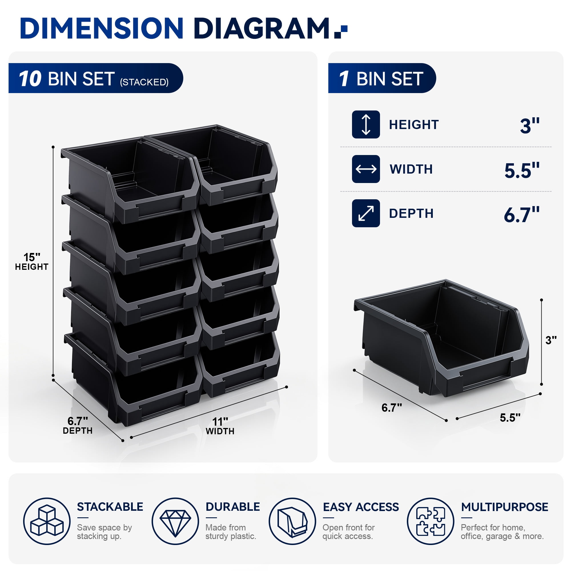 Sorbus Small Garage Storage Bins, Open Front Plastic Organizer, Black, 10 Pack