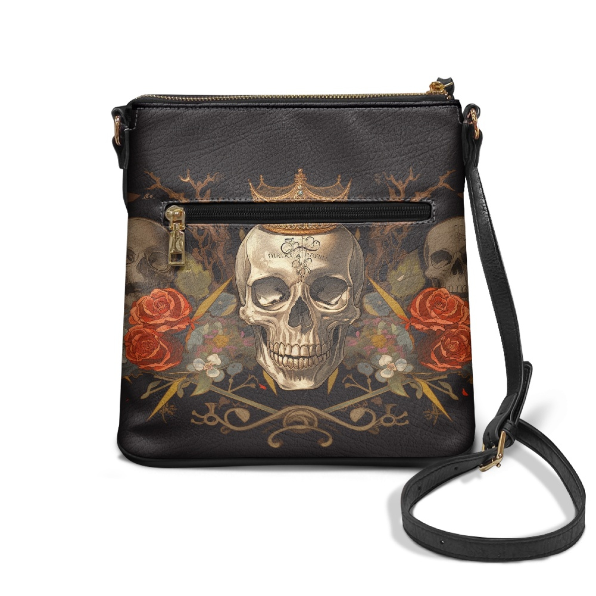 Kuiaobaty Skull Rose Print Crossbody Bag for Women, Vintage PU Leather Satchel Purse with Adjustable Strap, Large Capacity Shoulder Handbag Crossbody for Travel, Black