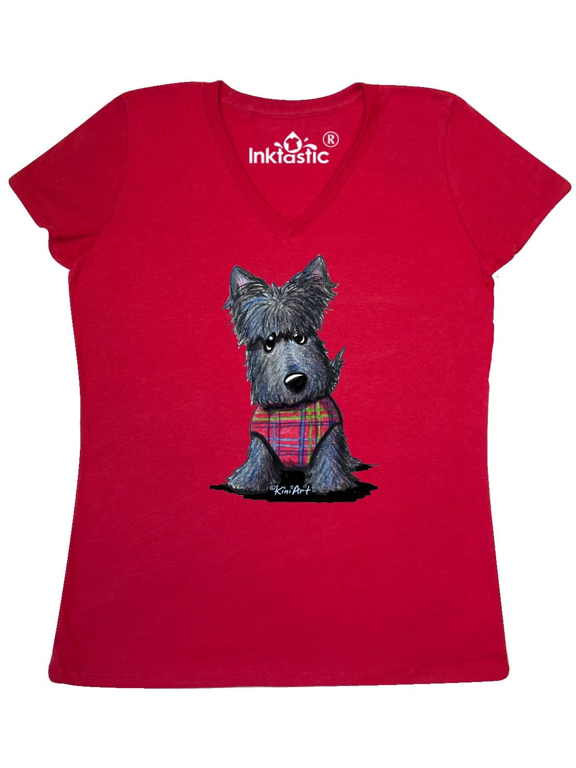 INKtastic Scottie Dog In Plaid Women's VNeck TShirt KiniArt