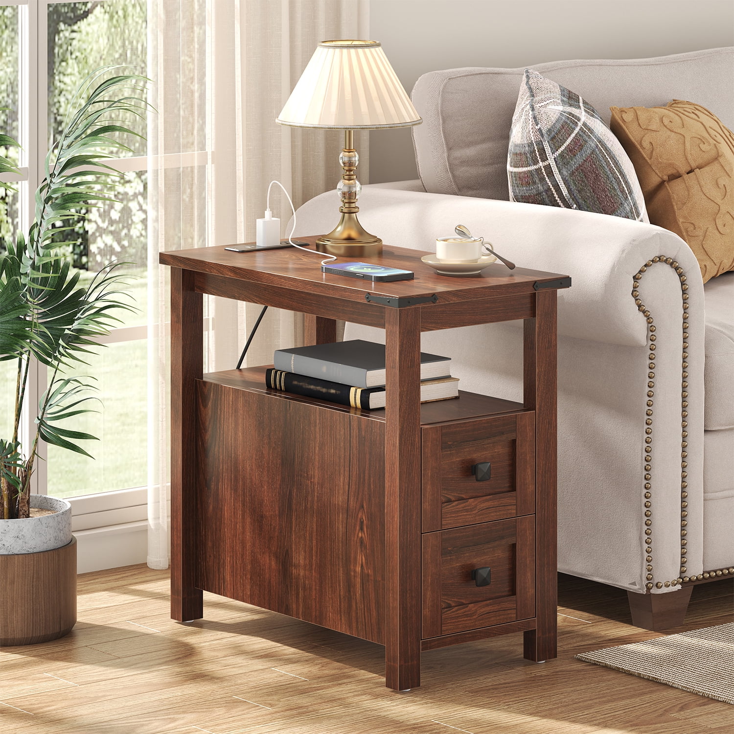 Winkalon Modern Farmhouse 2-Drawer Nightstand with Charging Station for Home Bedroom Living Room, Rustic Metal Wood End Table, Side Table,Cherry