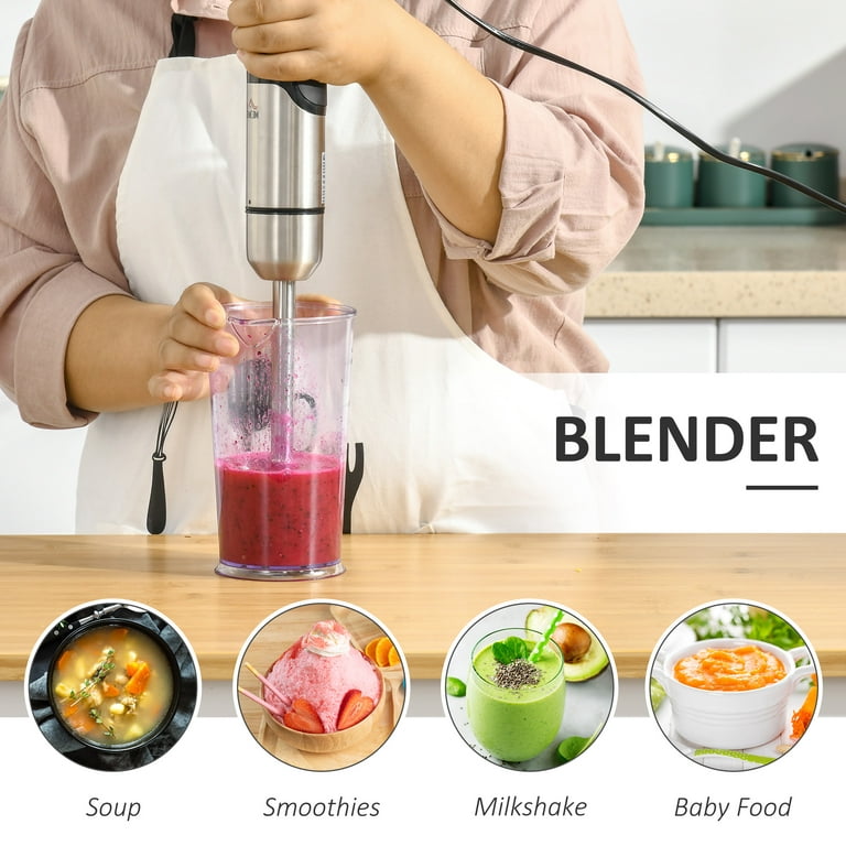 HOMCOM Immersion Hand Blender 400W 4 in 1 Handheld Stick Blender with  Adjustable Speed 500ml Chopper Egg Whisk 800ml Measuring Cup and Stainless  Steel Blades Silver / Black