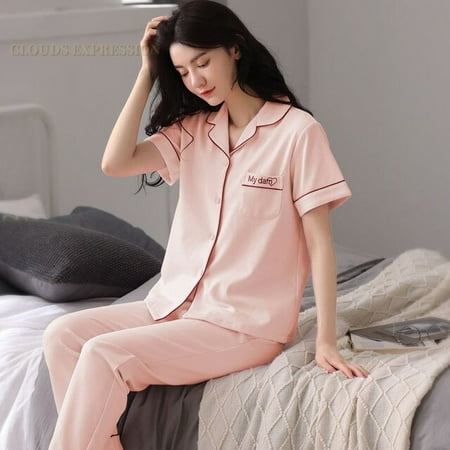 

QWZNDZGR Summer New Short Sleeve Women s Pajamas Set Cartoon Leisure Nightwear Knitted Cotton Plaid Long Pants Sleepwear Fashion Homewear