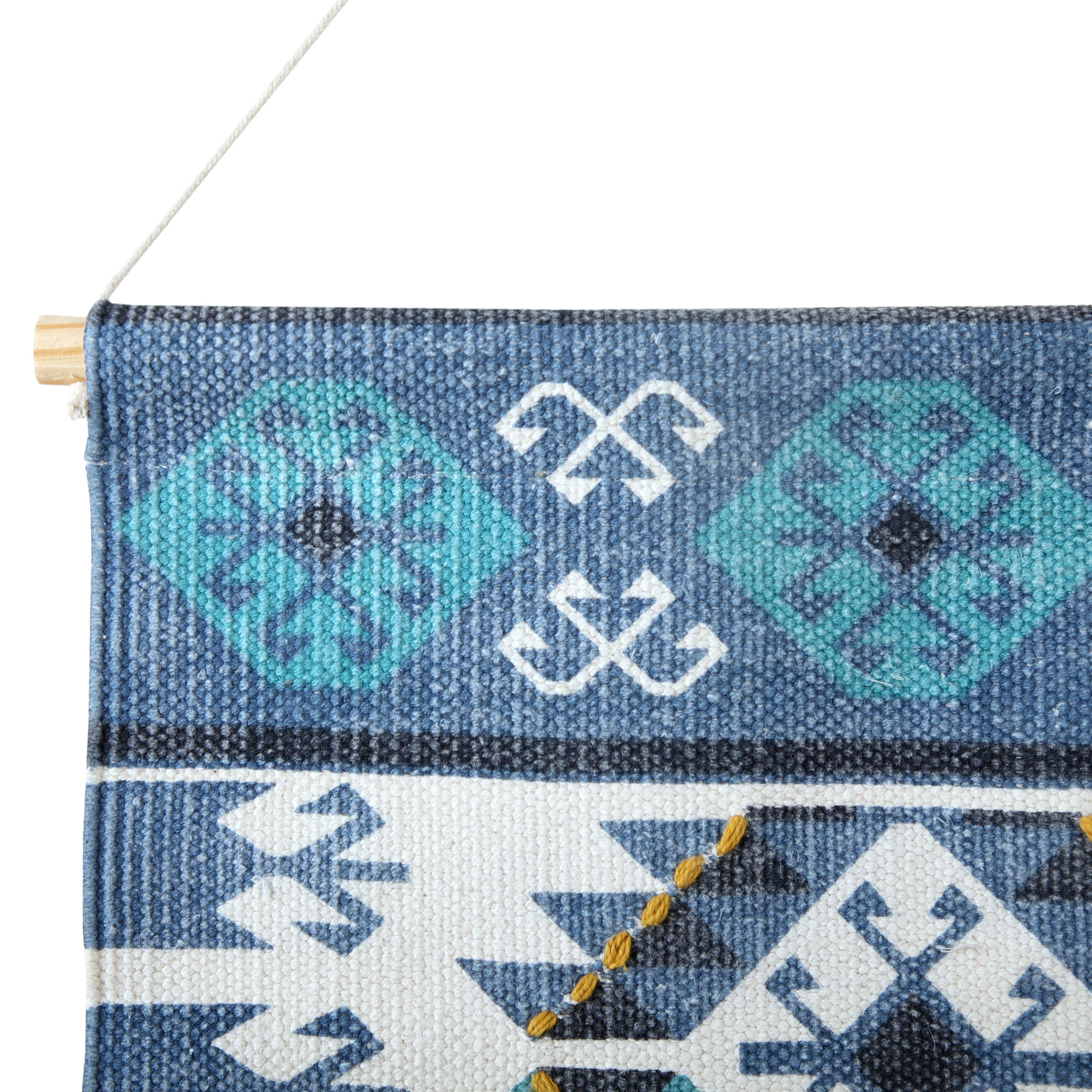 LR Home Xavi Blue/White Boho Aztec Fringe Wall Hanging, 4' Length