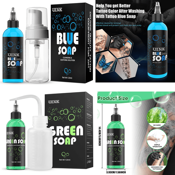 Tattoo UINK Tattoo Care Kit, Green Blue Algae Foam Bottle Set Large Capacity Tattoo Cleansing Liquid with Squeeze Bottle Contains Antibacterial, Tattoo Aid