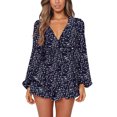 thumbnail image 2 of Monos de playa con estampado floral para mujer, monos florales con dobladillo con volantes y nudo de manga larga con escote en V profundo, 2 of 9