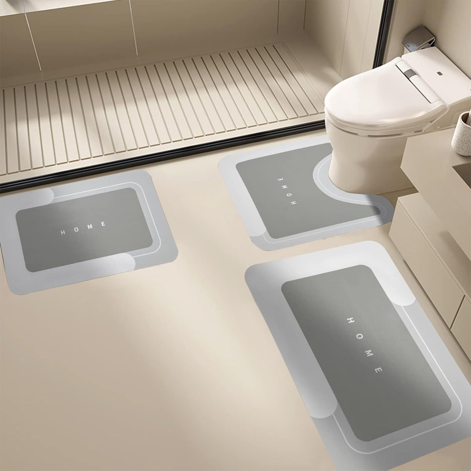 Tuvgenk Bathroom Mat Sets 3 Piece Gray Non Slip Bathroom Rug Sets Quick Drying Machine Washable U Shaped Absorbent Floor Mats for Home