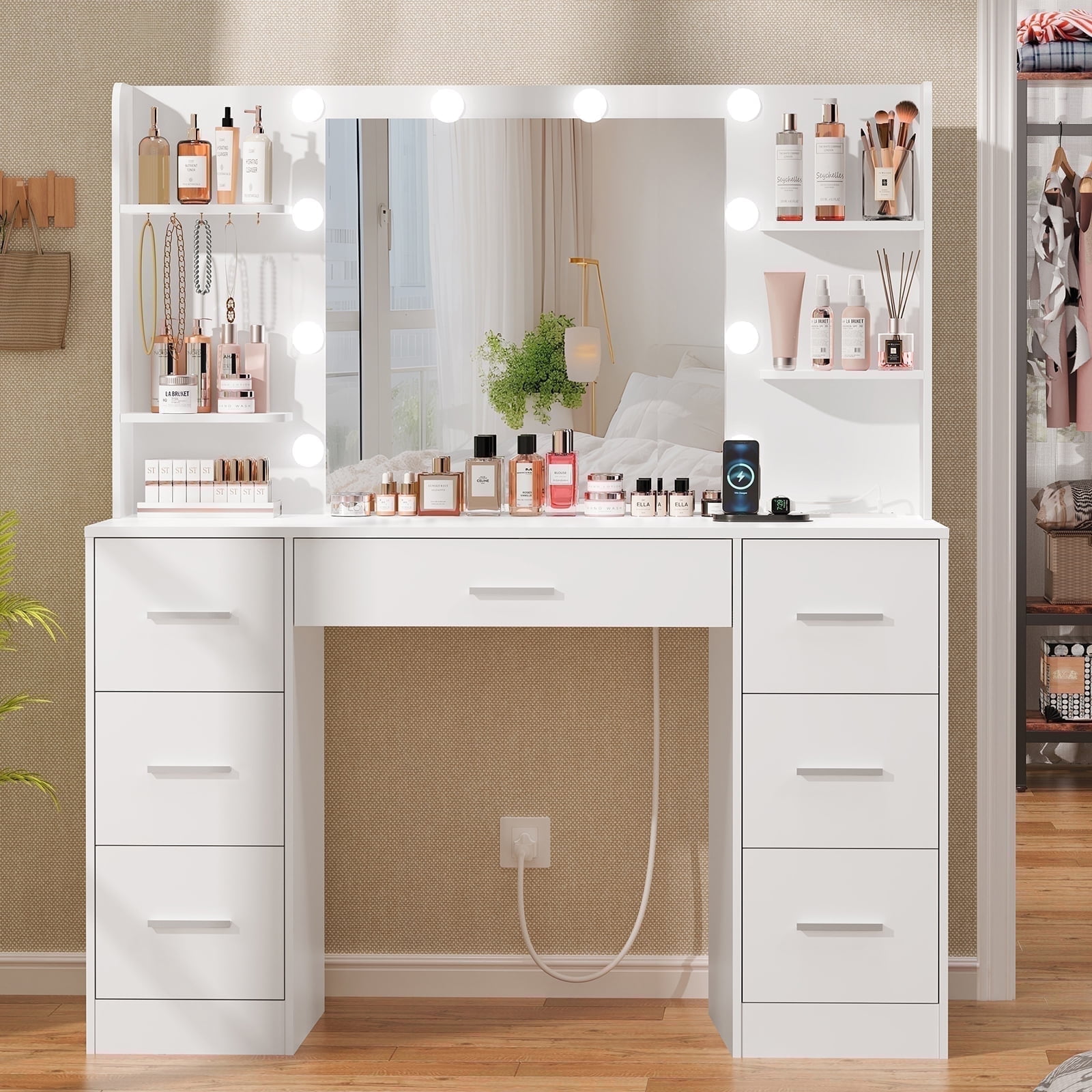 TEENFON Large Vanity Set with Mirror and Power Outlet, Makeup Vanity Desk with 7 Drawers, 4 Shelves and 5 Hooks,Vanity Table for Bedroom, White