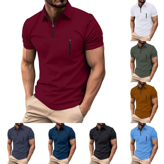 Summer Fashion Sweat Shirts For Men Solid Color Short Sleeved Lapel Zipper Casual Sports Gym Workout Athletic Tee Shirt - Wine∣L