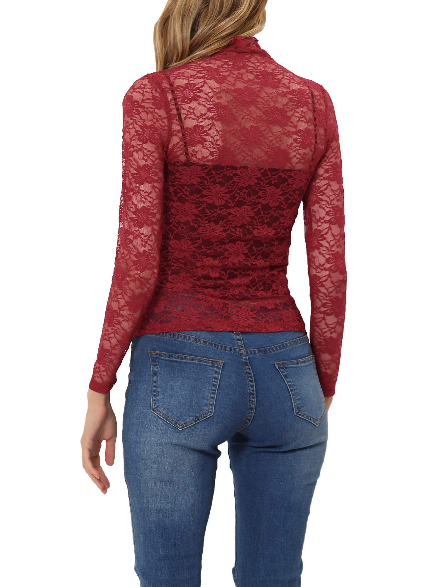 DARING DIVA Women's Long Sleeve Mock Neck Floral Lace Blouse Top M Burgundy