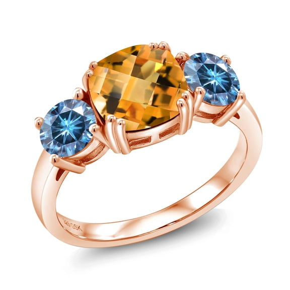 Gem Stone King 18K Rose Gold Plated Silver Yellow Citrine and Persian Blue Moissanite 3 Stone Engagement Ring for Women (3.00 Cttw, Gemstone November Birthstone, Cushion Checkerboard 8MM, Size 7)