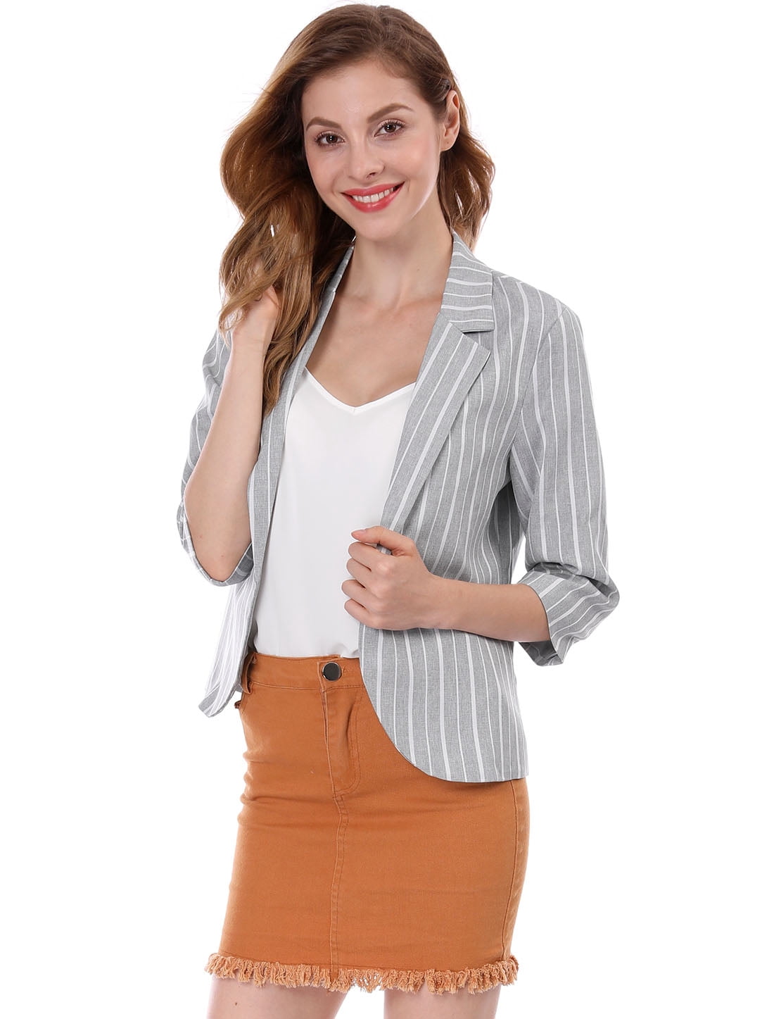 DARING DIVA Women's Striped Open Front Notched Lapel Blazer S Gray