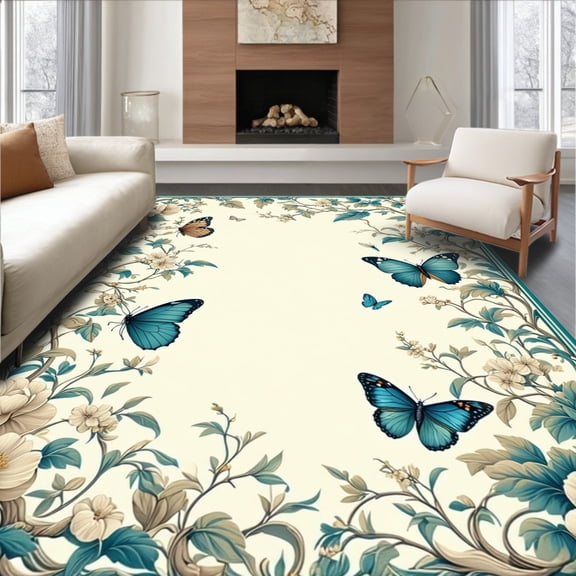 ODIKA 4'x6' Machine Washable Non-Slip Area Rug, Floral Teal Accent High Traffic Rug, Beige, 59427