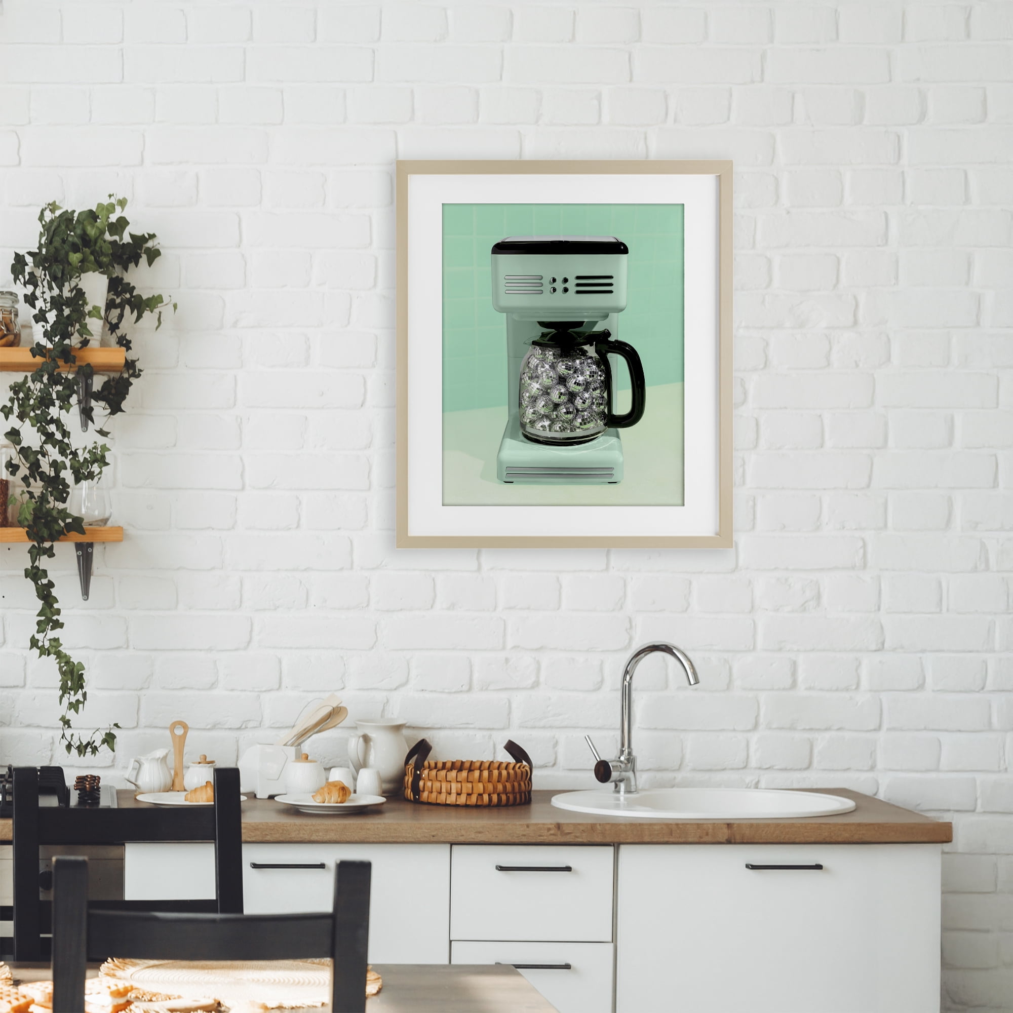 Stupell Industries Disco Coffee Maker over Green Birch Framed Print Under Glass, design by LISH Creative