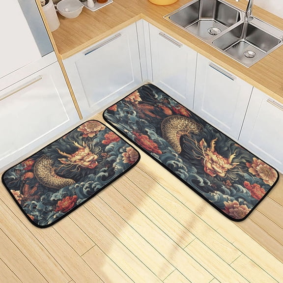Kitchen Rugs and Mats【2 PCS】Non Skid Dragon Pattern Creative Kitchen Mat
