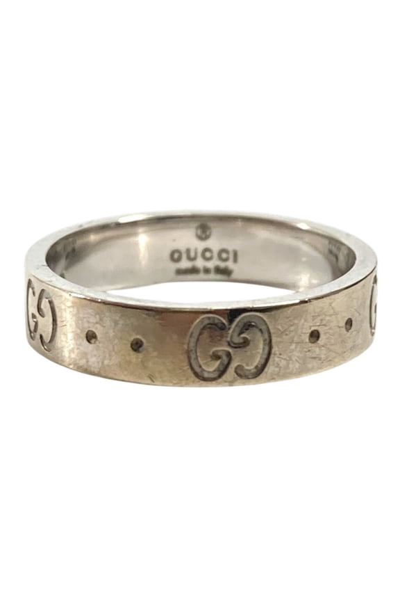 Pre-Owned GUCCI 18K Gold GG Logo Icon Ring, WG750, Women's Silver Accessory/Jewelry Ring.