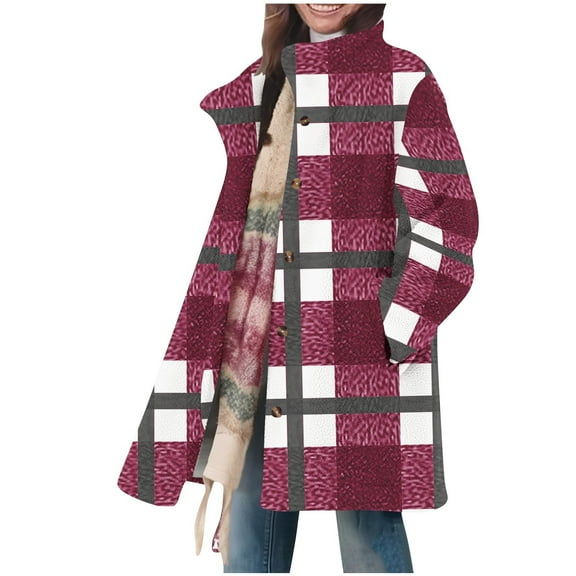 Winter Sherpa Jacket Women Faux Shearling Fuzzy Mid Long Coat Color Block Warm Casual Button up Peacoat with Pockets (XL, Wine|Plaid)