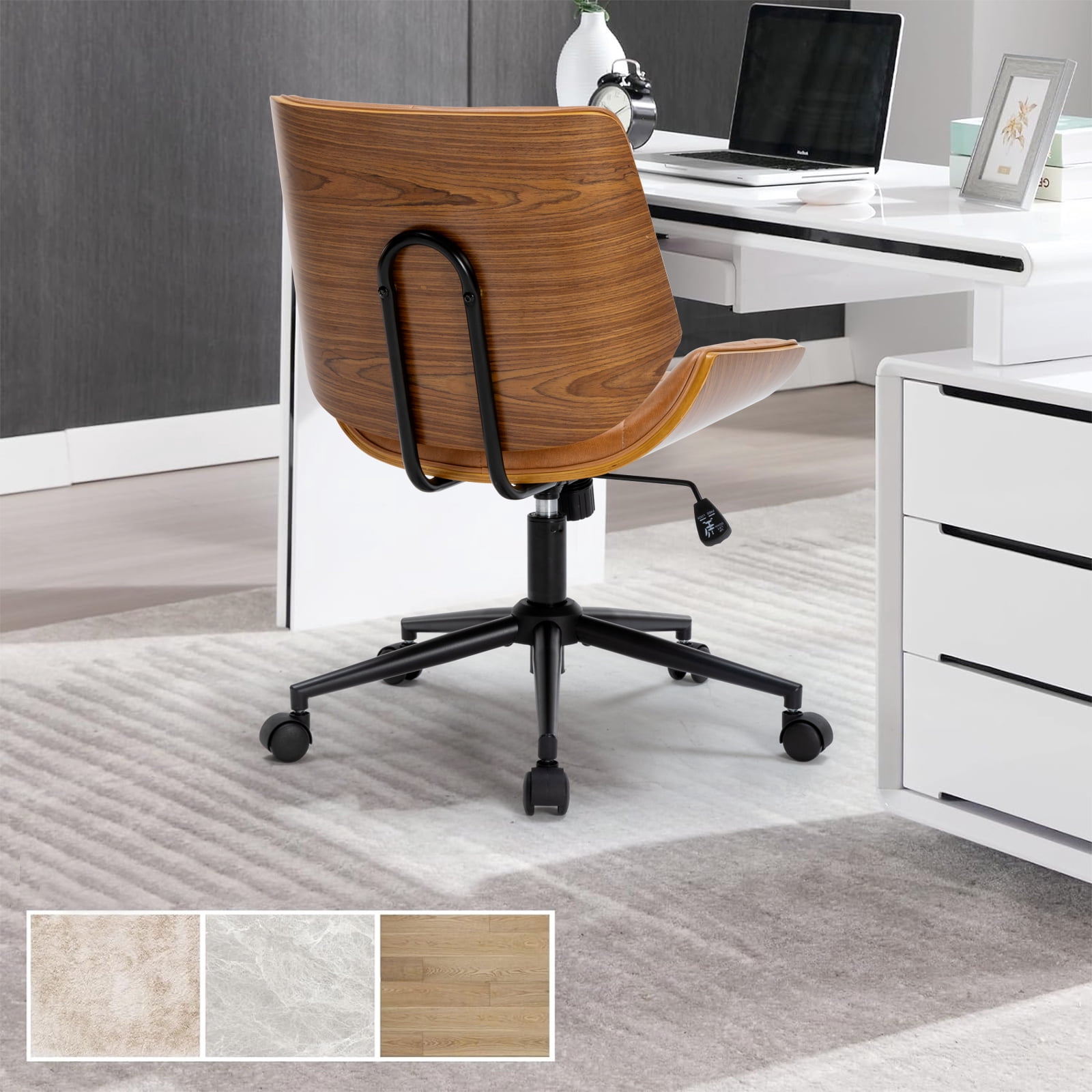 X Xishe Home Office Desk Chair with Wheels, Adjustable Height Armless Office Chair, PU Leather Mid Back 360° Small Computer Chair, Modern Chair No Arms for Office, Reading Meeting Room, Camel