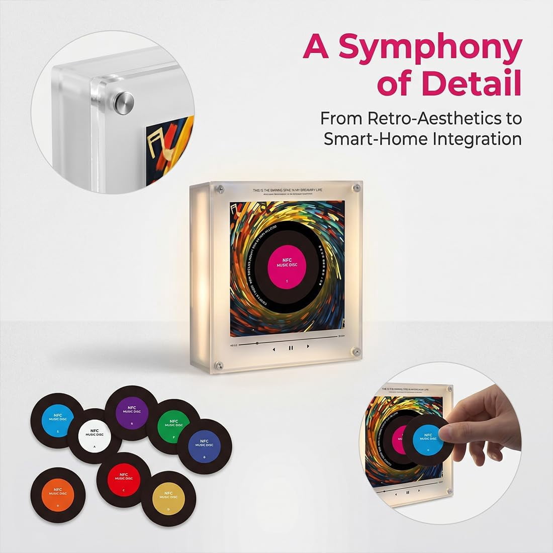 Fridge Magnet Music Player, NFC Programmable Magnetic Music Box for Refrigerator, Vintage Vinyl Record Player Magnet Aesthetic Decor Gift with LED Lights (Rotation)