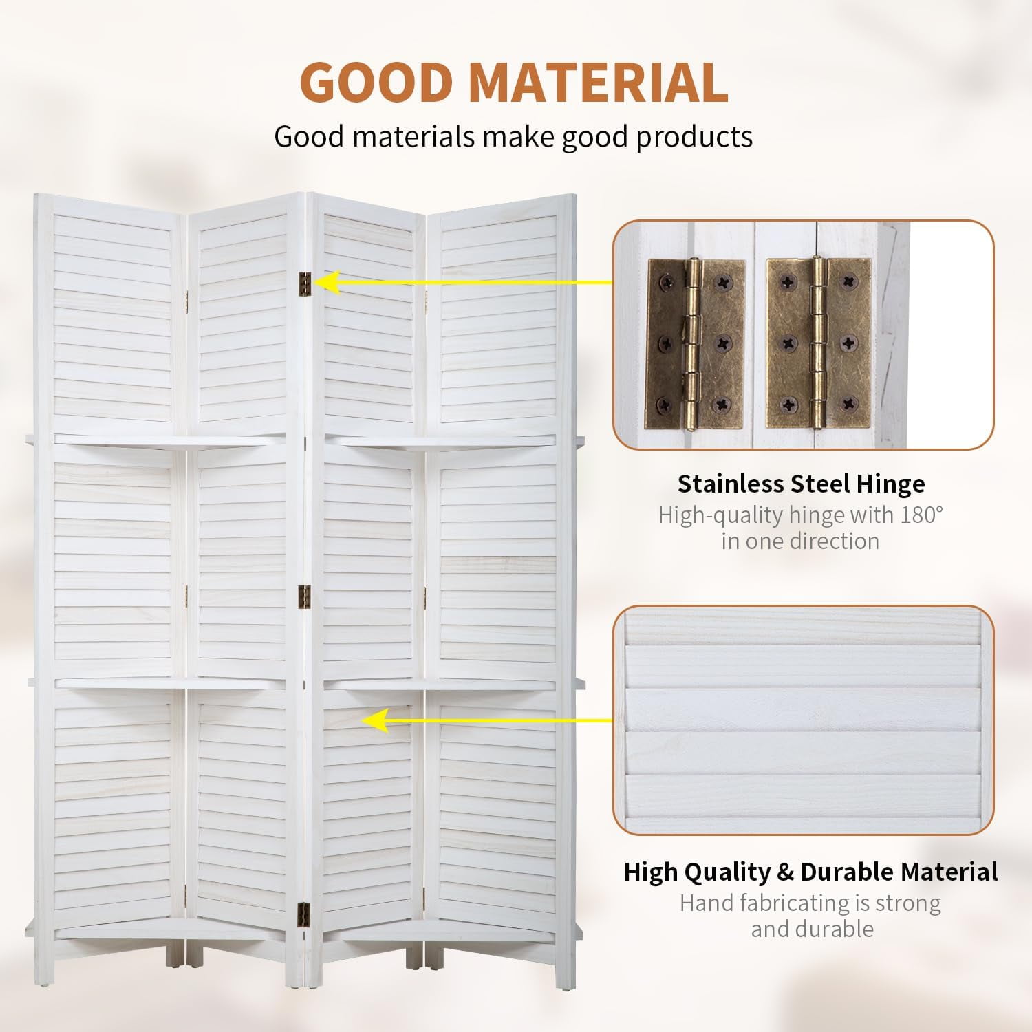 4 Panels Room Divider with Shelves - Folding Privacy Screen & Room Partition Separation for Home Office, Study, Art Display | Wooden Separator Wall for Adults & Families (White)