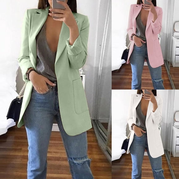 Feancey Plus Size Blazer Jackets for Women Open Front Long Sleeve Blazers Business Casual Notch Lapel Suit Jacket with Pockets White S