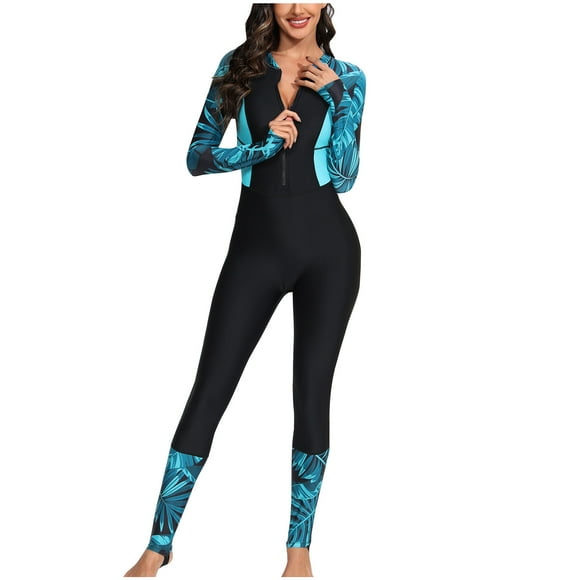 Eiyaclvo Womens One Piece Swimsuit Long Sleeve Rash Guard Full Coverage Surfing Bathing Suits Trendy Printed Skinny Swim Suits Zip Up Swimwear Size XL