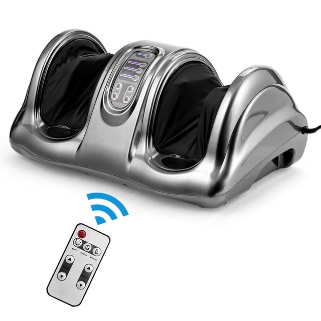 Costway Shiatsu Foot Massager Kneading and Rolling Leg Ankle w/Remote in gray. Features a compact design with built-in handles for portability. Includes a remote control for adjusting modes, speed, and direction. Made of durable ABS material with foam and fabric for comfort. Fits up to US Men's Size 10 and US Women's Size 12, with a calf circumference of up to 15 inches. Designed with automatic and manual programs for personalized massage settings.