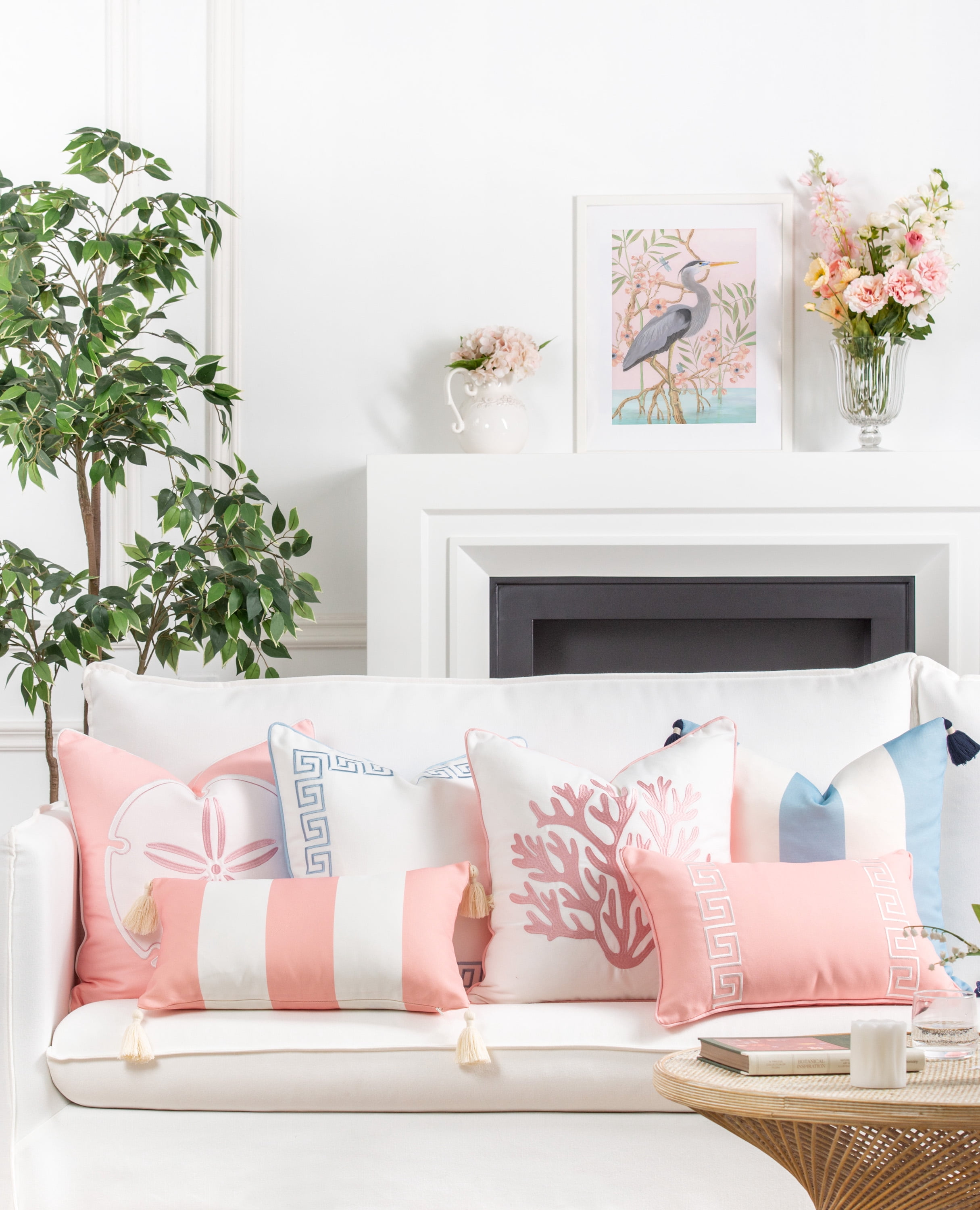 Hofdeco Premium Coastal Patio Indoor Outdoor Throw Pillow Cover Only, 20"x20" Water Repellent for Backyard, Couch, Baby Blue Embroidered Greek Key with Piping