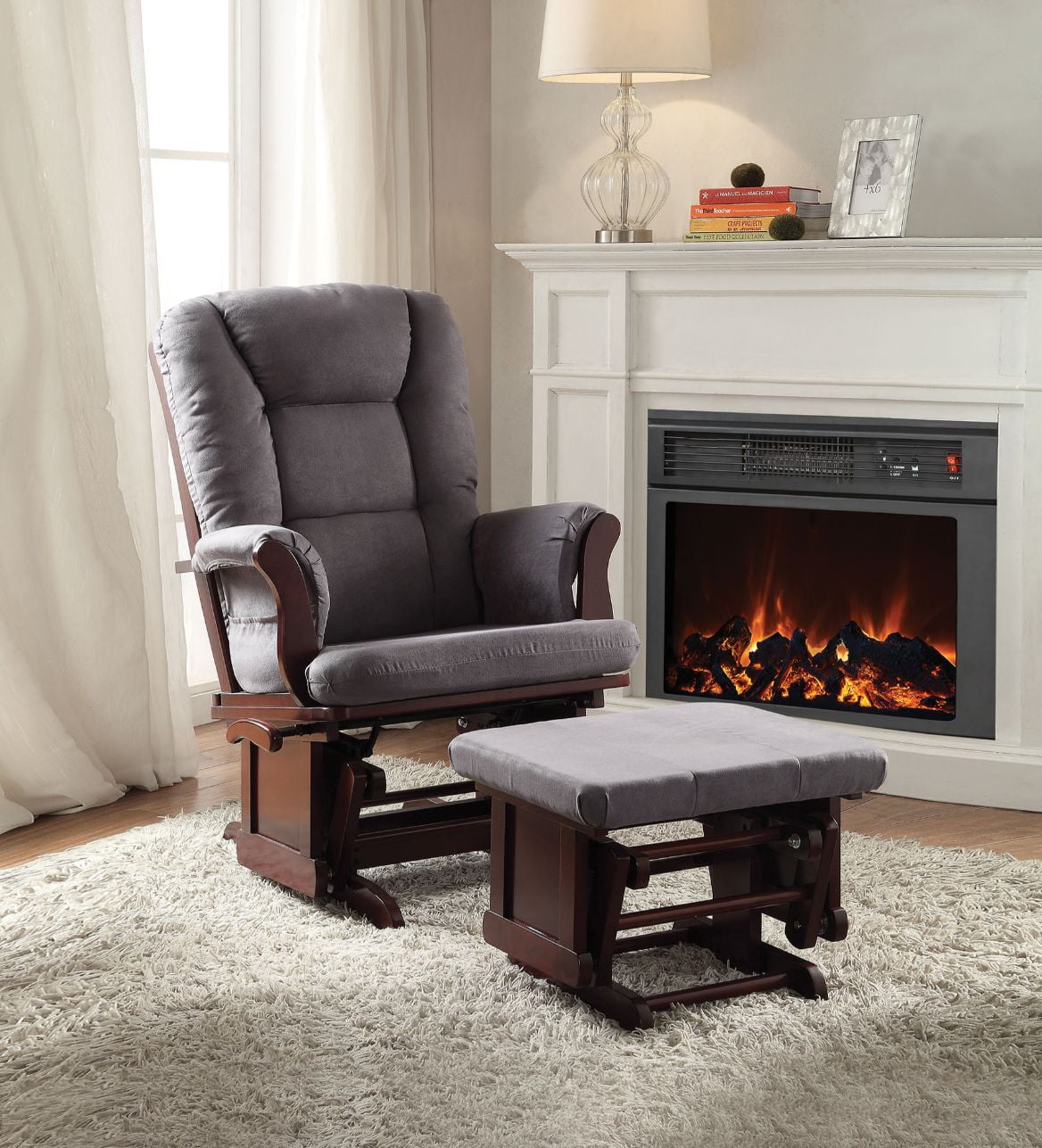 Gray and Brown Microfiber Gliding Chair with Ottoman