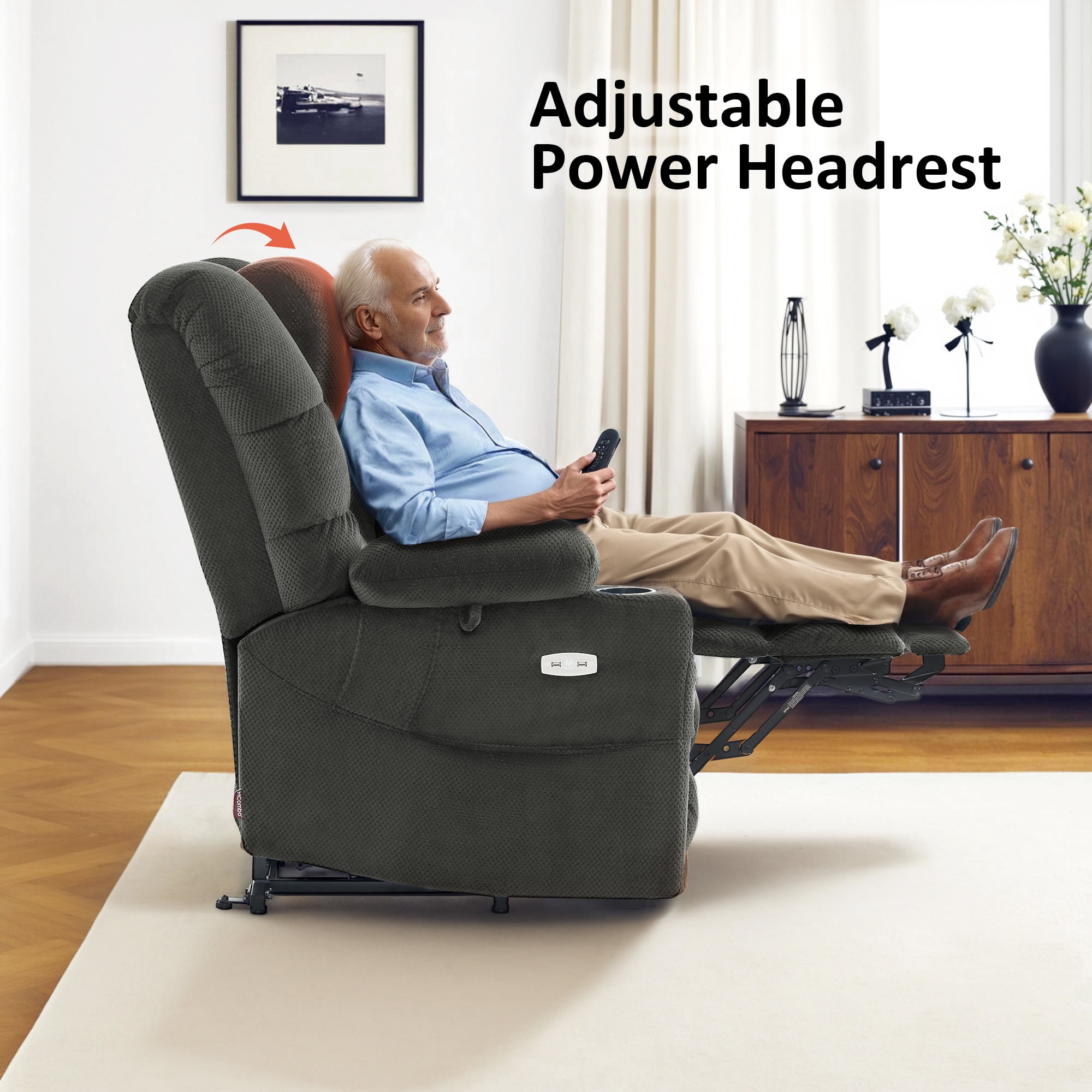 MCombo Large Triple Motor Power Lift Recliner for Big and Tall Elderly, Fabric, Grey