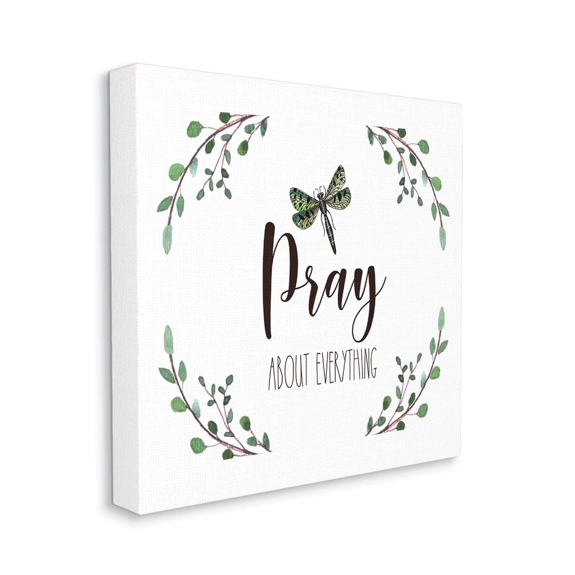 Stupell Industries Pray About Everything Dragonfly Insect Laurel Branch Crown,24 x 24, Design by Elizabeth Tyndall