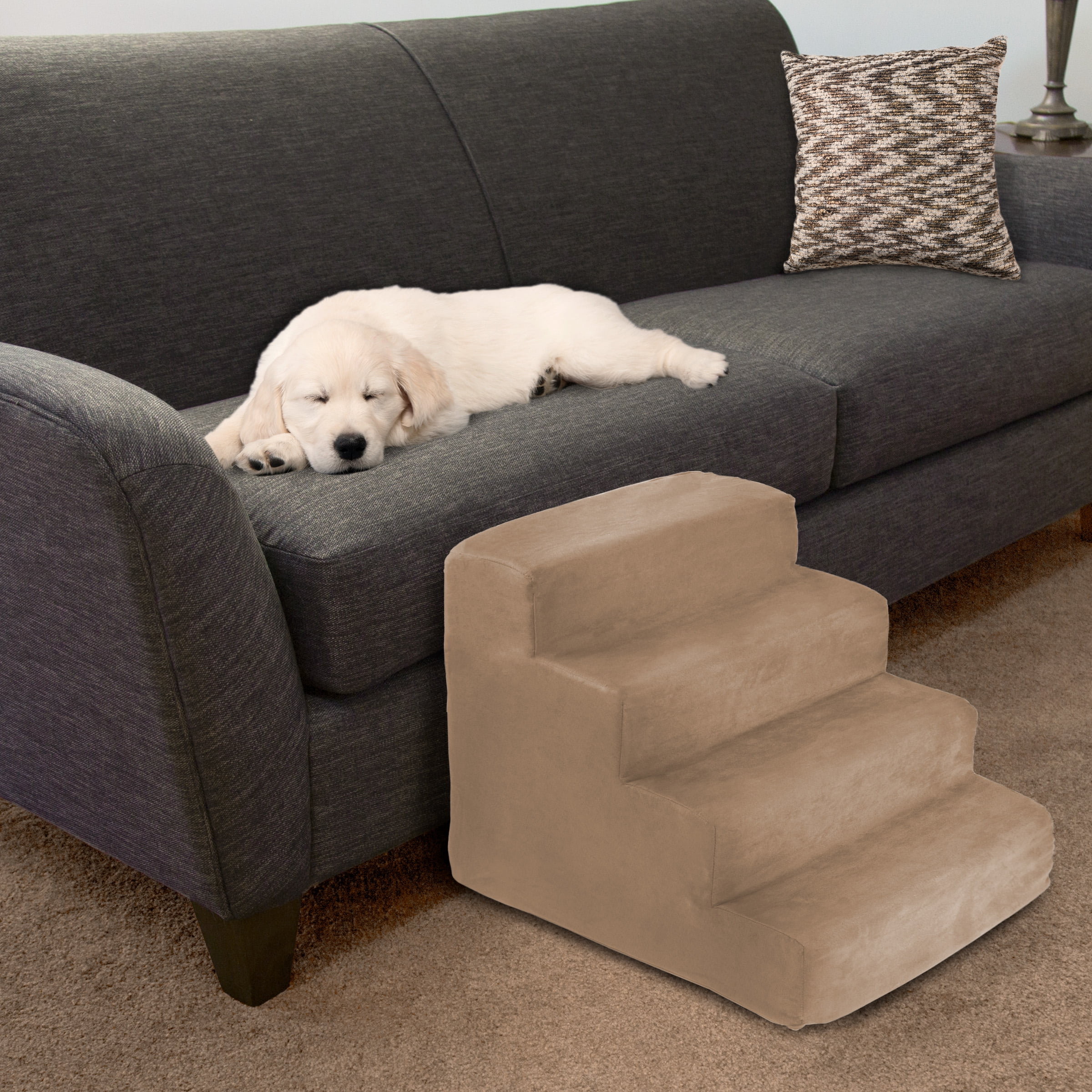 Pet Stairs - Foam Steps for Small Dogs or Cats - 4-Step Design with Removable Cover - Non-Slip Dog Staircase for Home and Vehicle by PETMAKER (Tan)