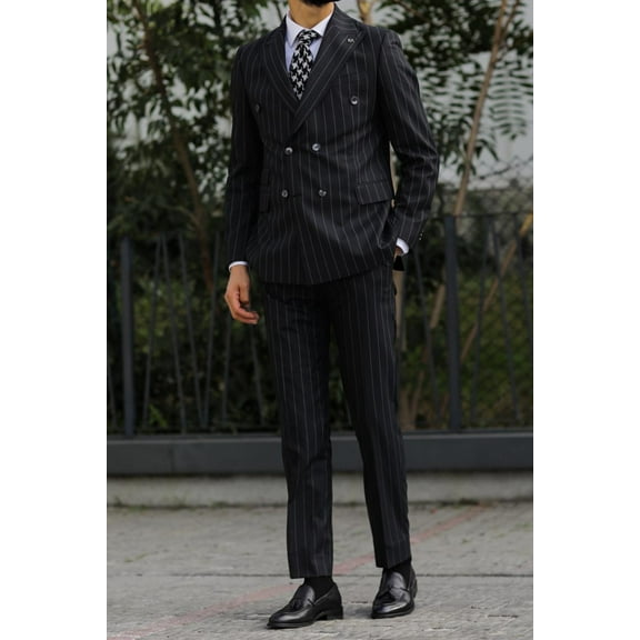 Men's Suit, Double Breasted Swallow Collar Black Woven Tuxedo