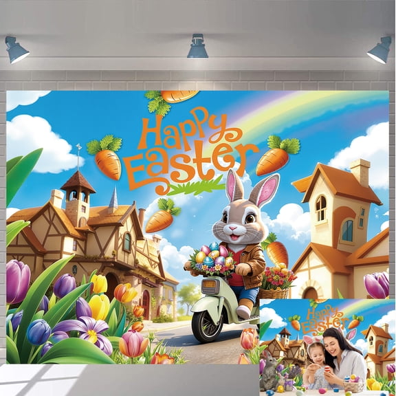 7x5FT Happy Easter Backdrop Easter Bunny Colorful Eggs Flowers Background for Photography Kids Baby Shower Birthday Party Decoration Banner