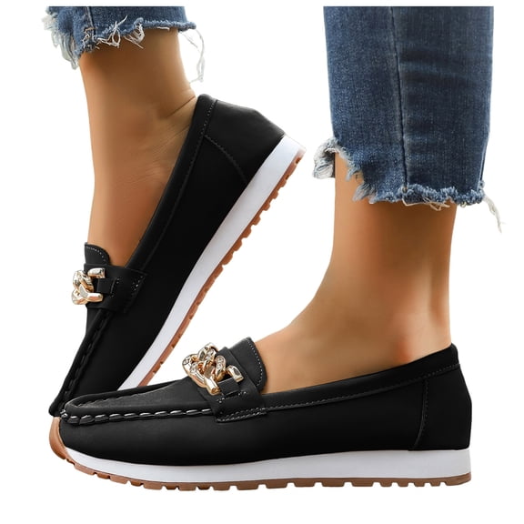 Women's Platform Loafers Wide Toe Box Fashion Chain Decorated Low Top Dress Shoes Lightweight Slip On Walking Shoes