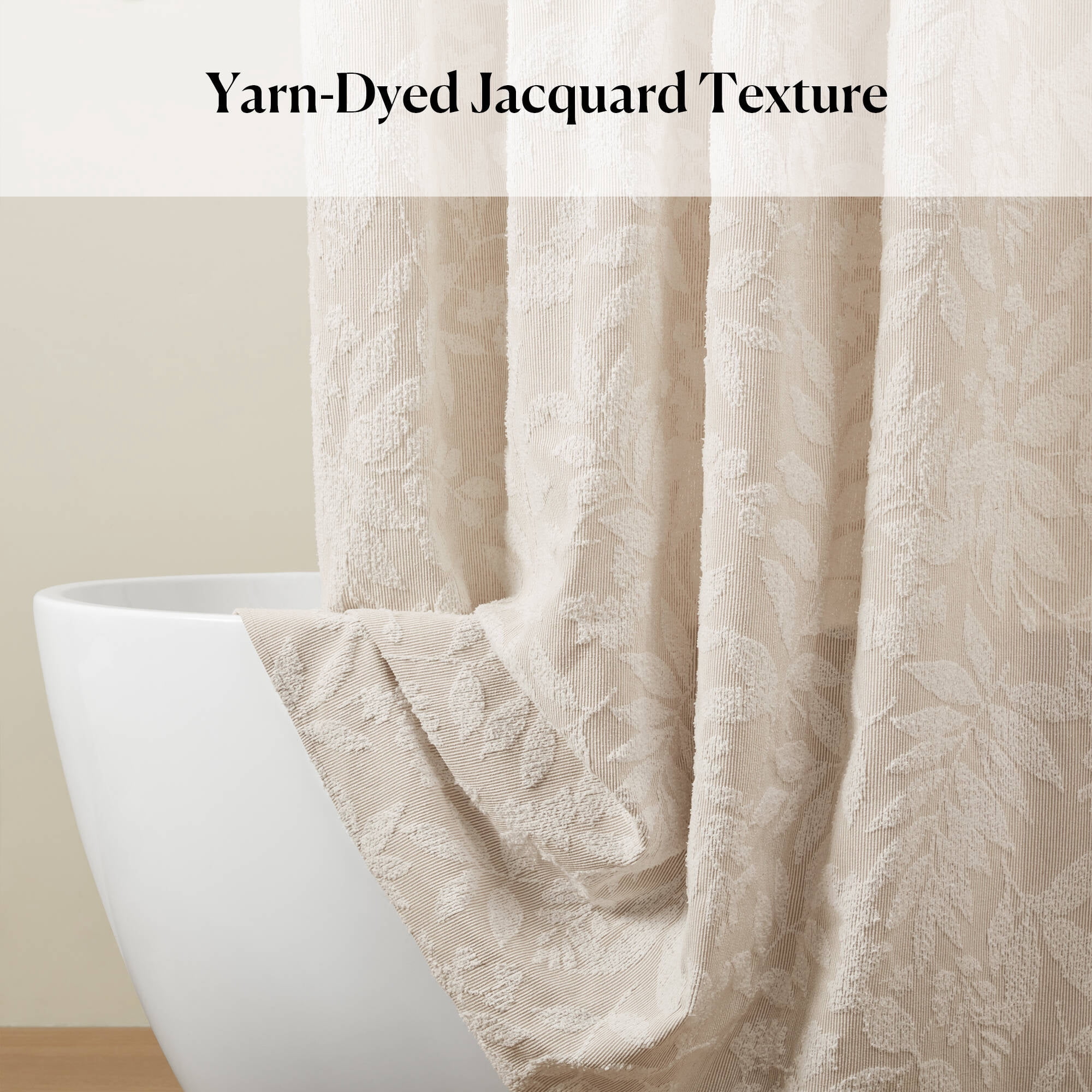 Cotton Blend Botanical Jacquard Shower Curtain, 72 x 72 in, Tufted Leaf Motifs, Machine Washable