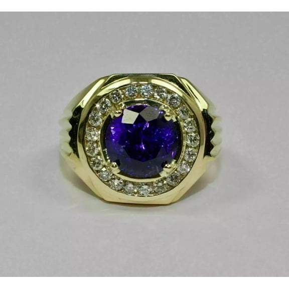 2CT Round Simulated Blue Tanzanite Diamond Men's Ring 14K Yellow Gold Plated