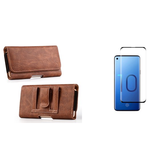 Luxmo PU Leather Wallet (Card Slot/Coin Holder) Holster Carry Case (Brown) for Samsung Galaxy S10  Plus with Tempered Glass Screen Protector and Atom Cloth