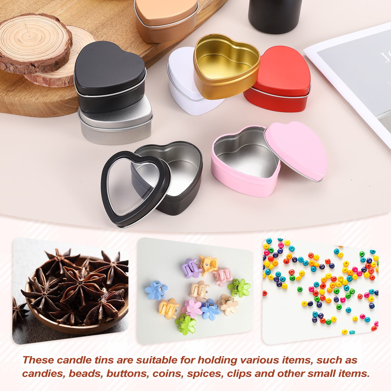 Heart Shaped Candle Tins with Clear Window Lids, 2 oz Empty Metal Tin Cans for Candle Making Candies Gifts DIY Crafts, Black, Pack of 12