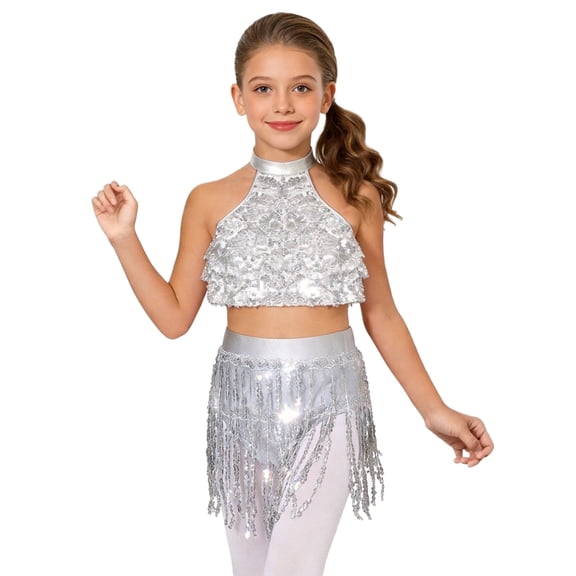 Haitryli Girls Sequins Tassel Jazz Latin Dance Dress Outfits Metallic Crop Top with Briefs Skirt for Ballroom Dancing Silver 8