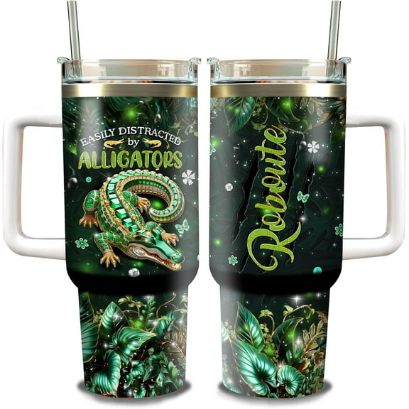 Personalized Alligator Tumbler 40oz with Handle and Straw Easily Distracted By Alligators Custom Name Travel Mug Jewelry Style Stainless Steel Cup Gifts for Men Women Animal Lovers