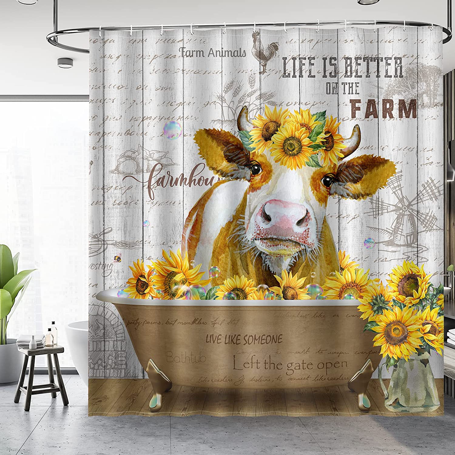Farmhouse Bee Gnomes Watercolor Sunflower Shower Curtain Set