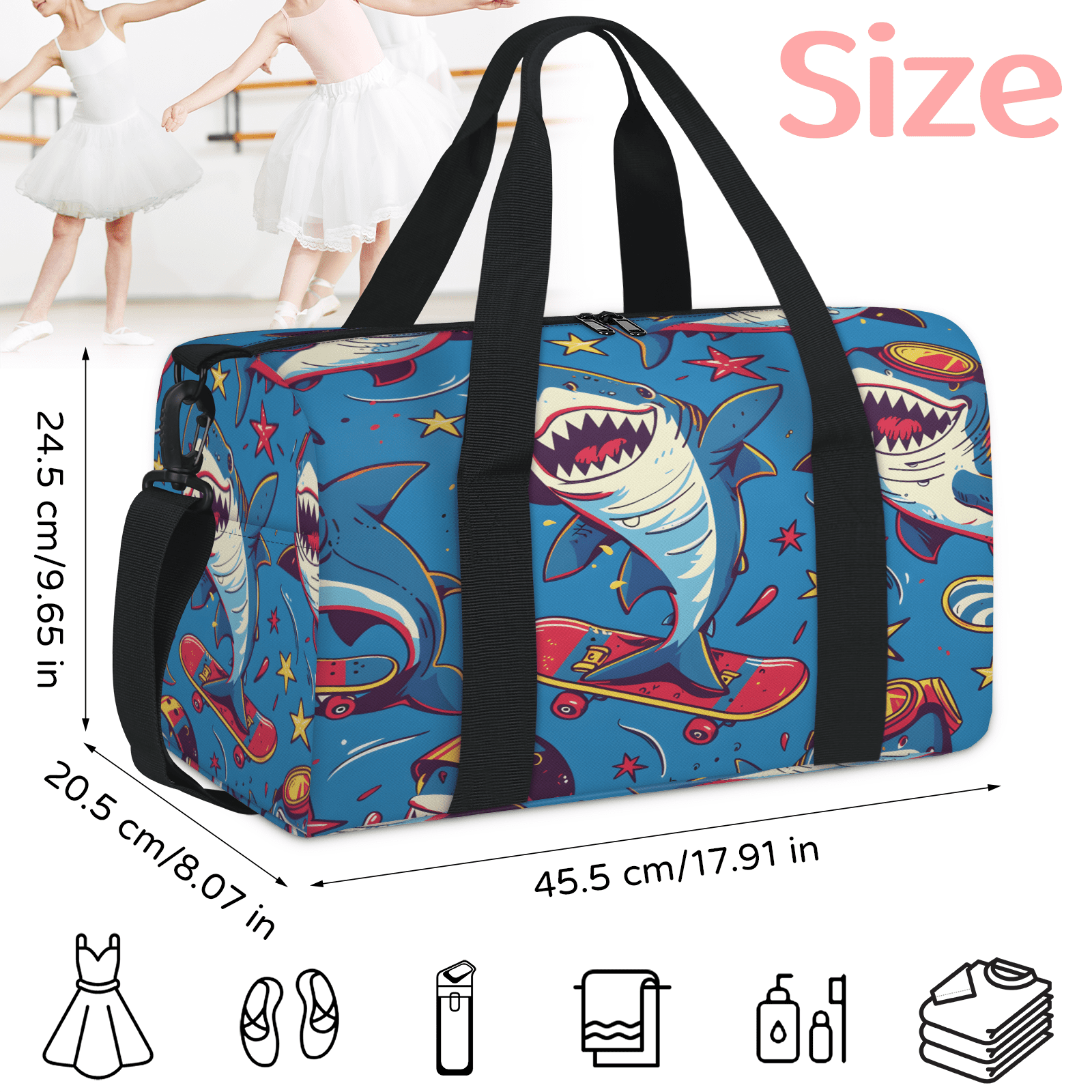 Herdesigns Funny Sharks Gym Bag for Women, Duffle Bag for Travel Sport, Skateboard Shark Lightweight Waterproof Carry on Weekender Dance Yoga Workout Bags