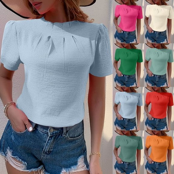 Hot days, bold styles Olyvenn Women's Summer Boho Shirt Top Ruffle Short Sleeve Frill Trim Mock Neck Floral Solid 2025 Casual Blouses Shirts Tops Army Green M