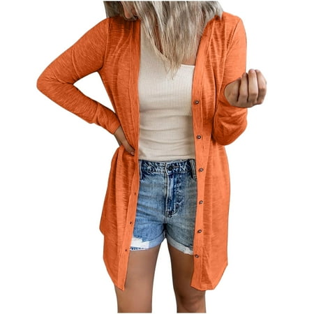 "Trendy 2022!" Olyvenn Long Sleeve Cardigan Autumn Coat Blouse Womens Tops Plus Size Loose Casual Fashion Women Solid Orange XL