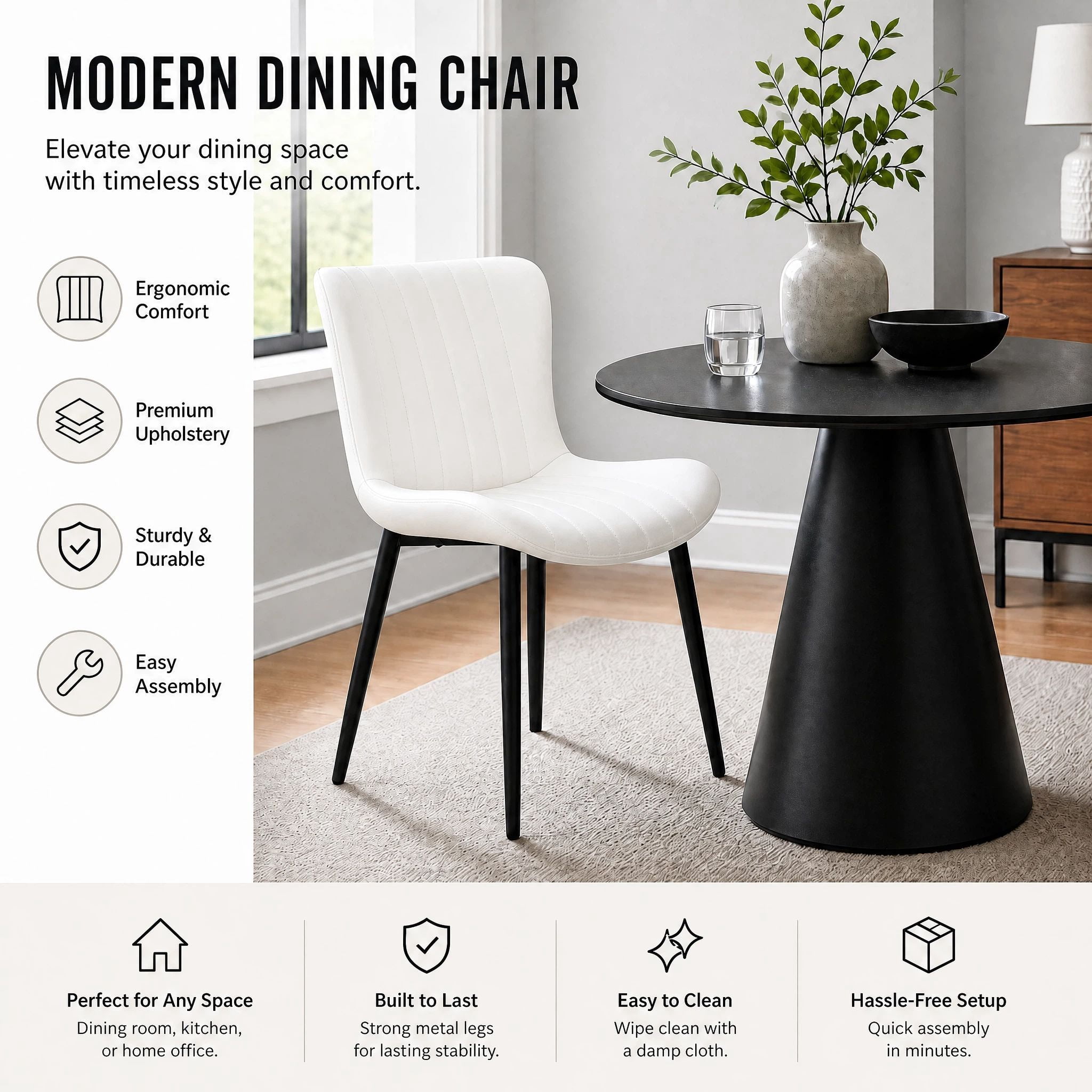 Euroco Modern Dining Chairs Set of 2, Accent Chairs with Curved Back and Iron Frame, Kitchen Side Chairs for Bedroom, Living Room,Dining Room,Cream White